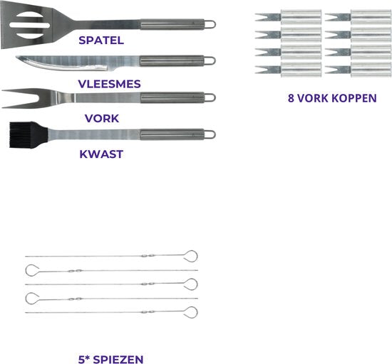 18-piece set - Stainless steel BBQ tools
