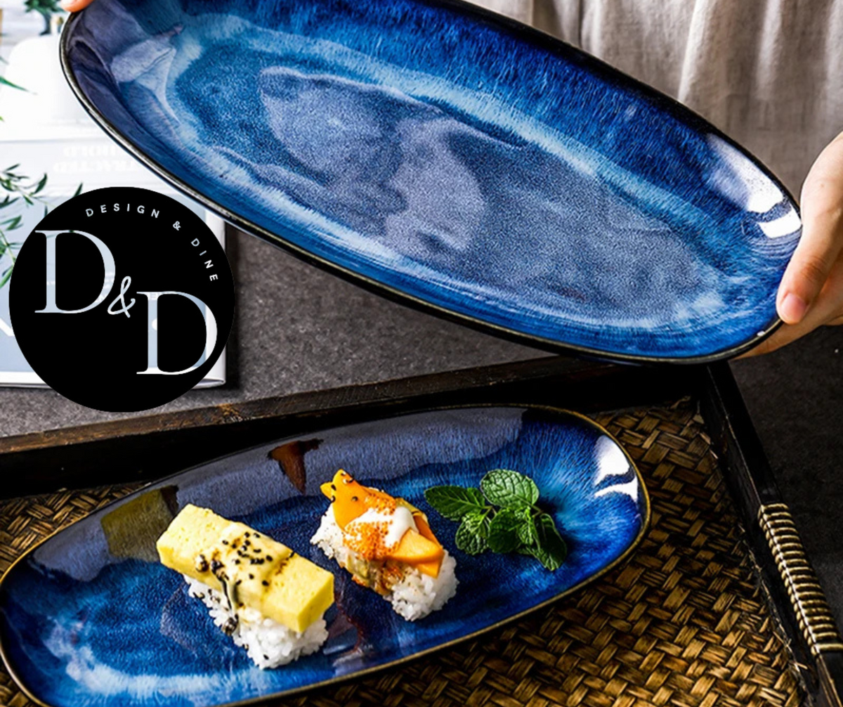 Azurblaue Servierplatten – japanischer Stil