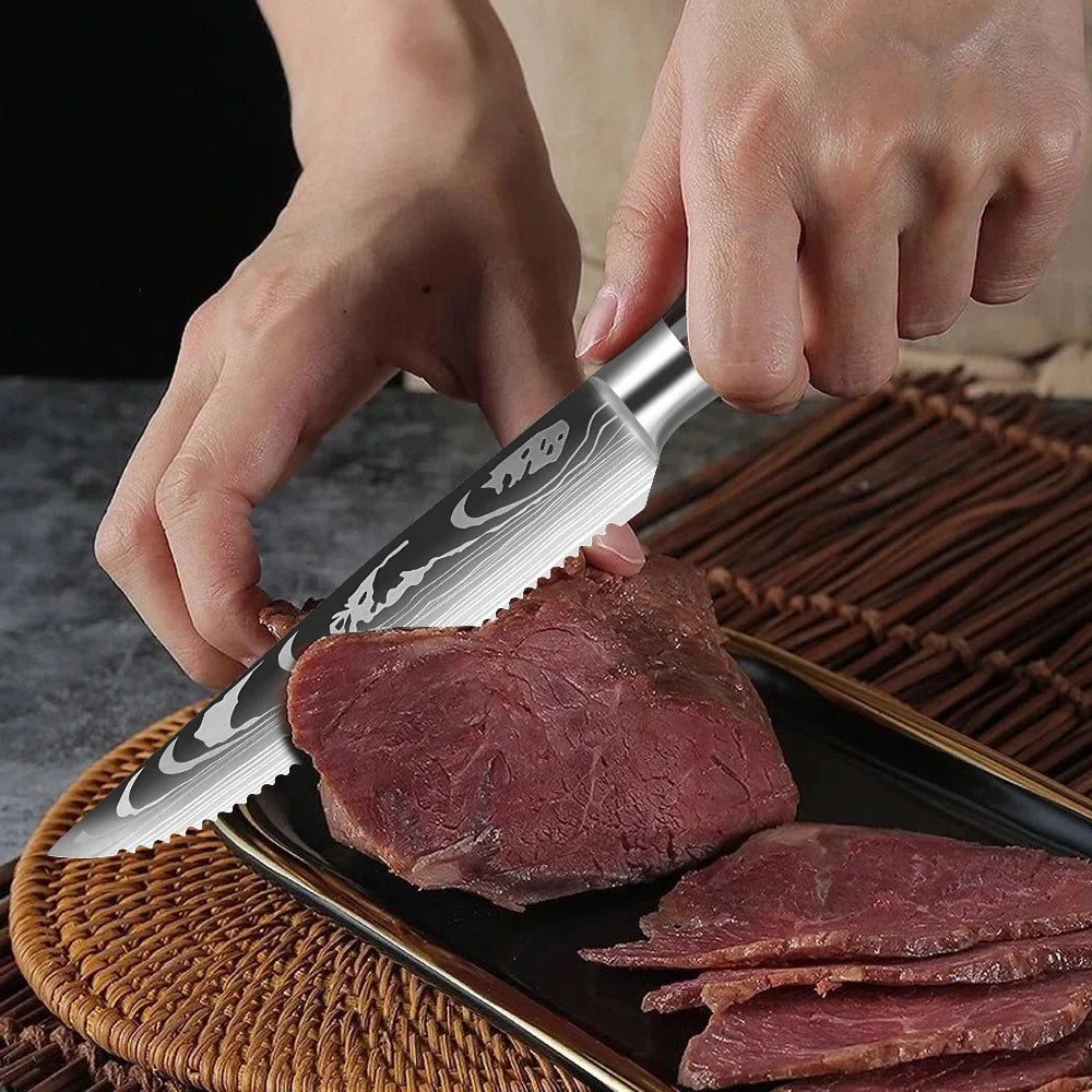 Vlijmscherpe damascusprint steakmessen – Set van 6