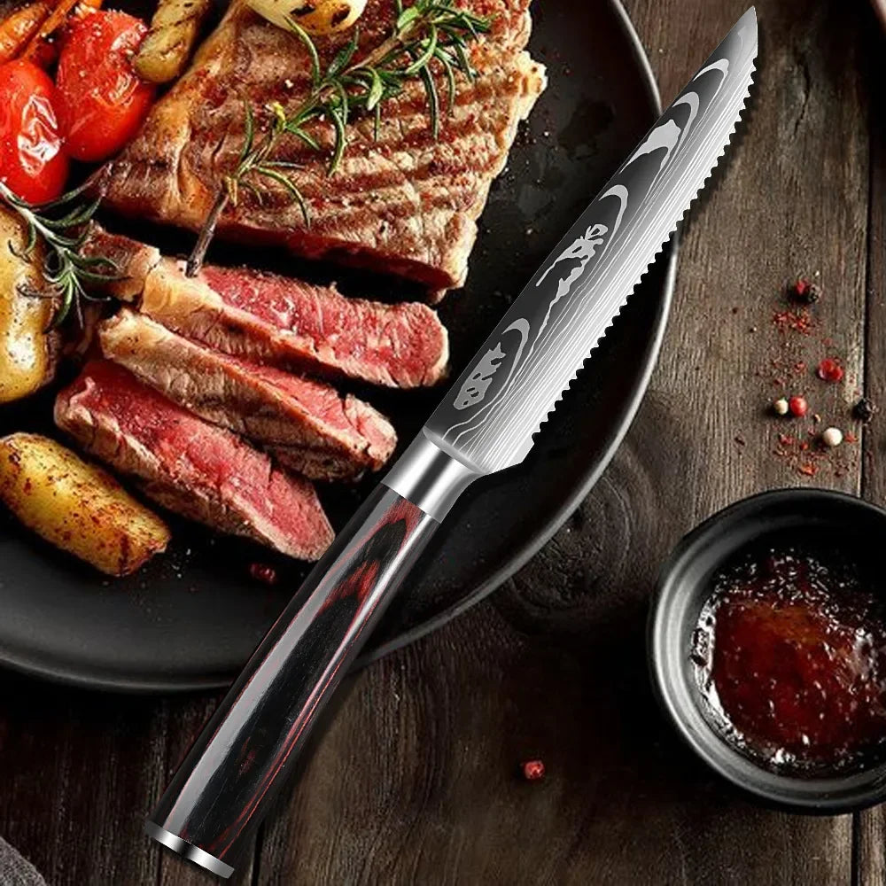 Vlijmscherpe damascusprint steakmessen – Set van 6