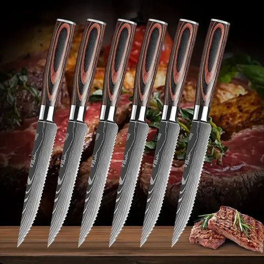 Razor-sharp damascus print steak knives - Set of 6