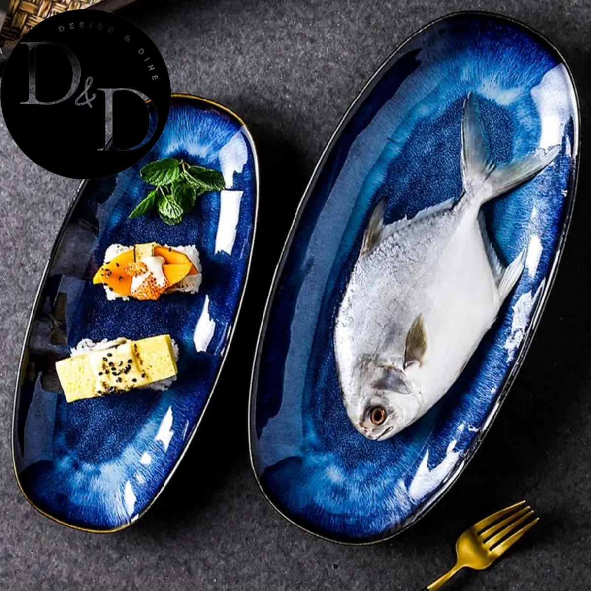 Azurblaue Servierplatten – japanischer Stil