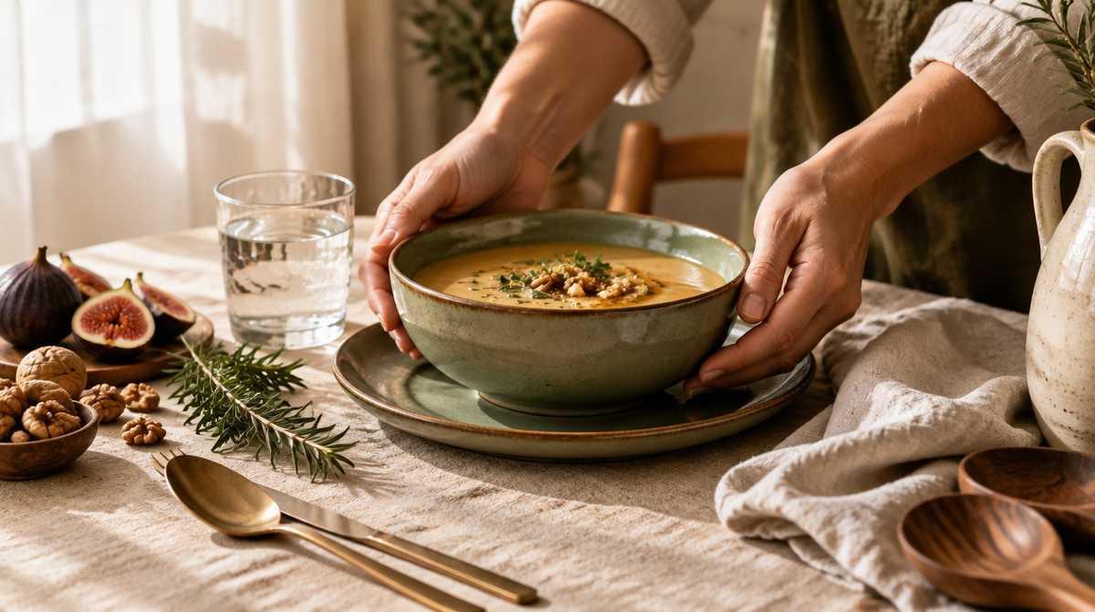Hände stellen eine Schale Suppe auf einen gedeckten Tisch